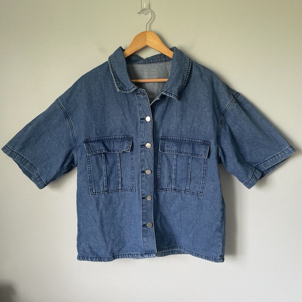 Oversized Denim Button Up Top Boxy Fit Cotton Blend Blue Women's Size Large